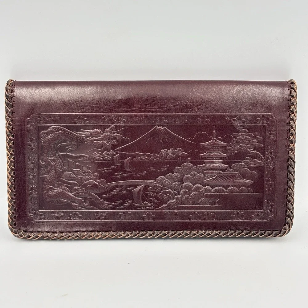 Vintage Embossed Leather Wallet Japanese Japan Map Dragon Bi-fold Dark Brown